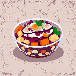 A vibrant pixel art representation of Herring Under a Fur Coat, a traditional Russian salad