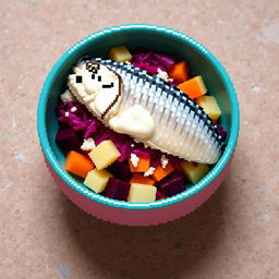 A vibrant pixel art representation of Herring Under a Fur Coat, a traditional Russian salad