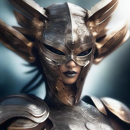 This is a high-quality digital art image showcasing a stunning, armored, mysterious, and masked goddess