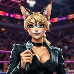 A hyper-realistic photo of a female ring announcer who is a cat and human hybrid, showcasing a cute face
