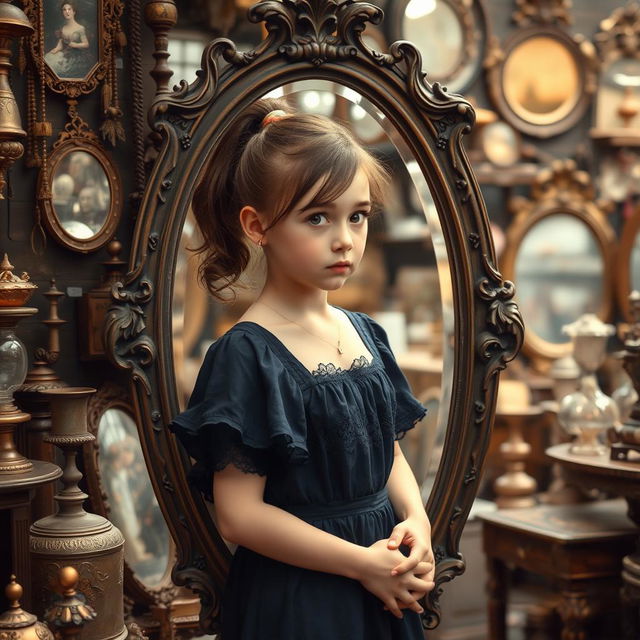 A teenage girl with brown hair tied in a ponytail steps out of an old, oval-shaped mirror, which is beautifully ornate