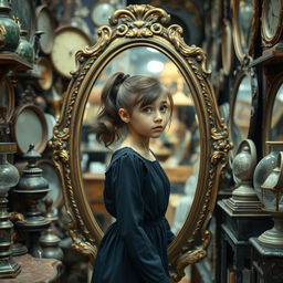 A teenage girl with brown hair tied in a ponytail steps out of an old, oval-shaped mirror, which is beautifully ornate