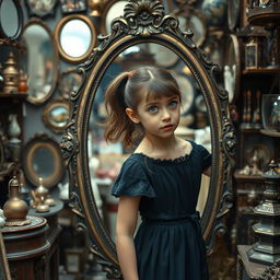A teenage girl with brown hair tied in a ponytail steps out of an old, oval-shaped mirror, which is beautifully ornate