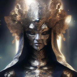 This is a high-quality digital art image featuring a stunning, armored, mysterious, and masked goddess