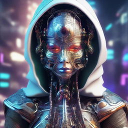 This is a high-quality digital art image of a cybertech goddess, adorned with a hood and mask