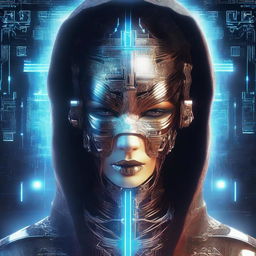 This is a high-quality digital art image of a cybertech goddess, adorned with a hood and mask