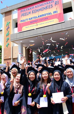 A vibrant graduation celebration at a Indonesian health polytechnic, showcasing enthusiastic students in academic attire receiving their diplomas