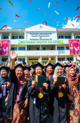 A vibrant graduation celebration at a Indonesian health polytechnic, showcasing enthusiastic students in academic attire receiving their diplomas