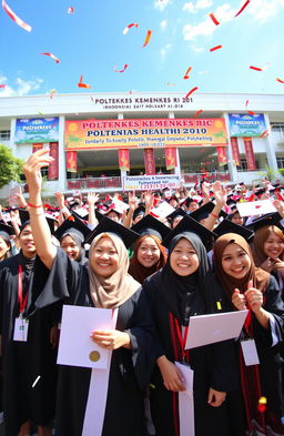 A vibrant graduation celebration at a Indonesian health polytechnic, showcasing enthusiastic students in academic attire receiving their diplomas
