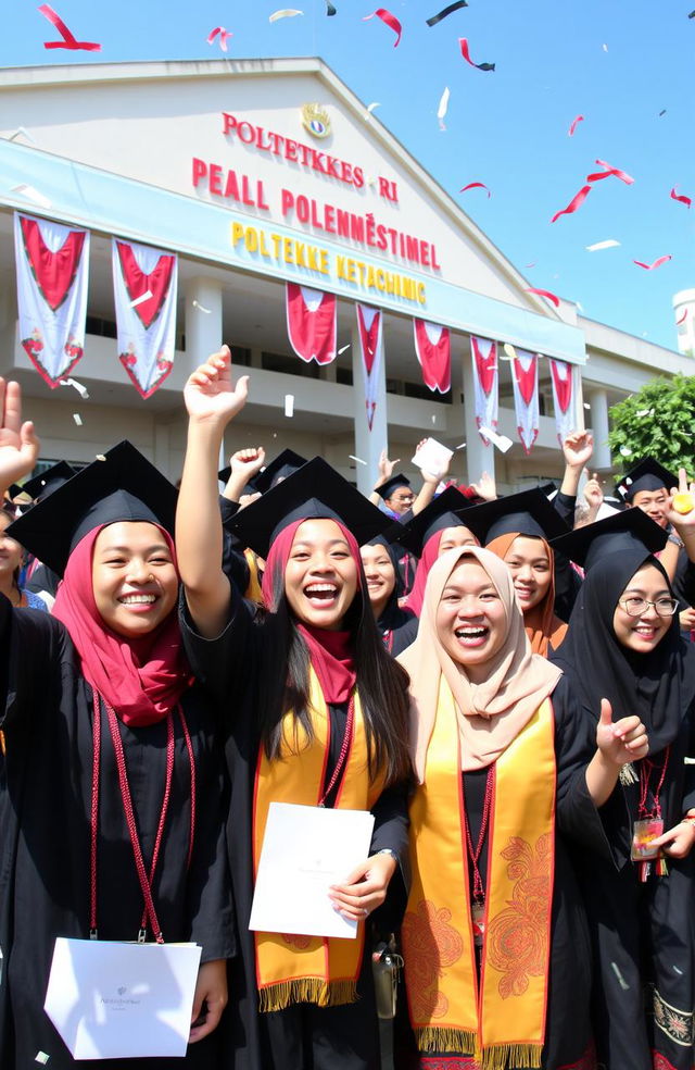 A vibrant graduation celebration at a Indonesian health polytechnic, showcasing enthusiastic students in academic attire receiving their diplomas