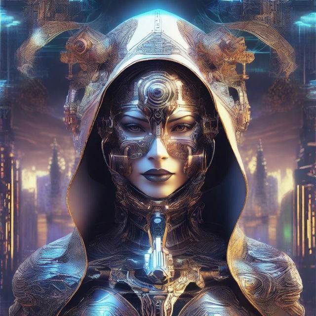 This is a high-quality digital art image of a cybertech goddess, adorned with a hood and mask