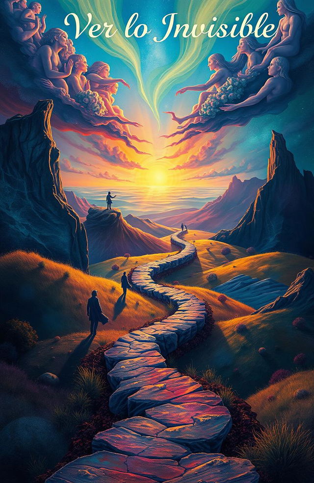 A surreal landscape representing the internal world of John, with vibrant and colorful visions intertwining with reality