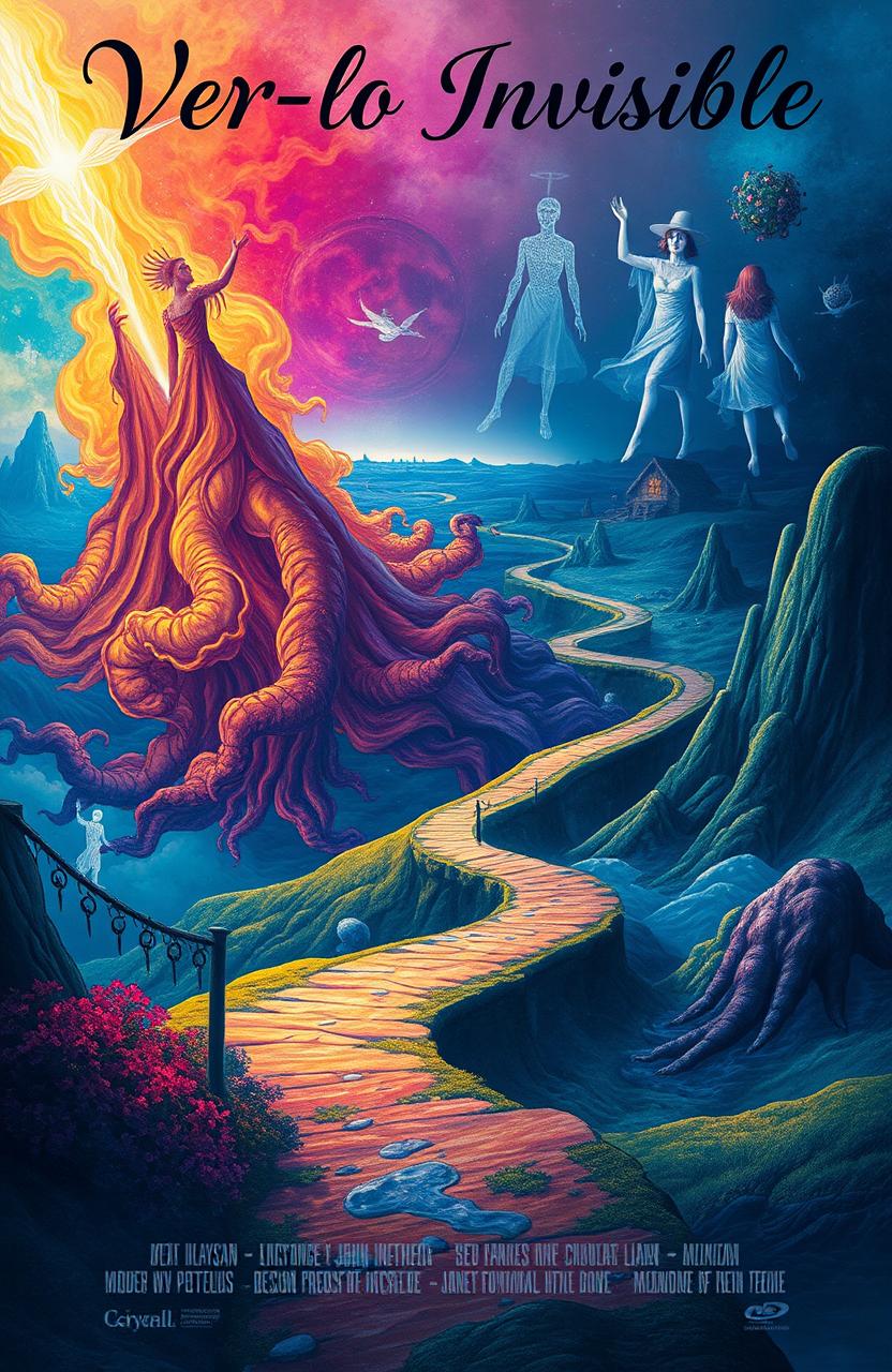 A surreal landscape representing the internal world of John, with vibrant and colorful visions intertwining with reality