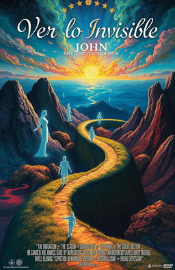 A surreal landscape representing the internal world of John, with vibrant and colorful visions intertwining with reality