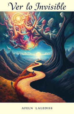 A surreal landscape representing the internal world of John, with vibrant and colorful visions intertwining with reality