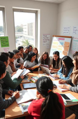 A diverse group of enthusiastic students studying together in a bright, modern classroom, filled with English learning materials like books, laptops, and posters with motivational quotes