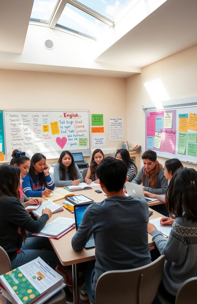 A diverse group of enthusiastic students studying together in a bright, modern classroom, filled with English learning materials like books, laptops, and posters with motivational quotes