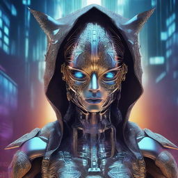 This is a high-quality digital art image of a cybertech goddess, adorned with a hood and mask