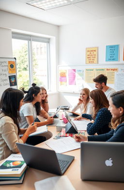A diverse group of enthusiastic students studying together in a bright, modern classroom, filled with English learning materials like books, laptops, and posters with motivational quotes