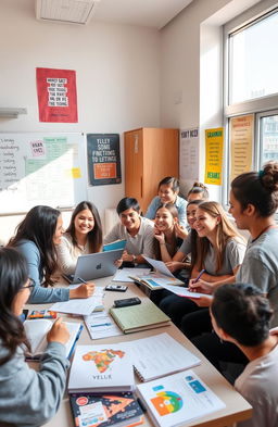 A diverse group of enthusiastic students studying together in a bright, modern classroom, filled with English learning materials like books, laptops, and posters with motivational quotes