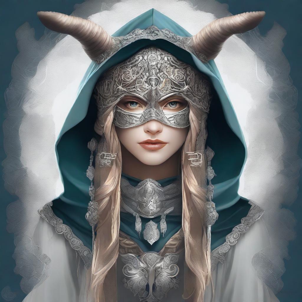 A high-quality digital art image portrays the Norse goddess of mischief, adorned with a hood and mask