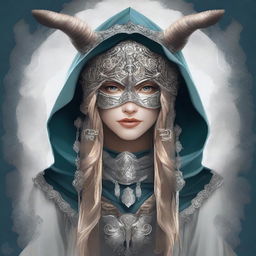 A high-quality digital art image portrays the Norse goddess of mischief, adorned with a hood and mask