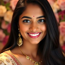 A close-up portrait of Aditi Vats, a young Indian woman, with a radiant smile