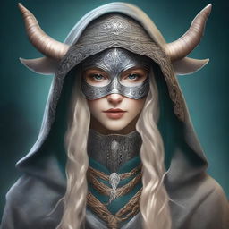 A high-quality digital art image portrays the Norse goddess of mischief, adorned with a hood and mask