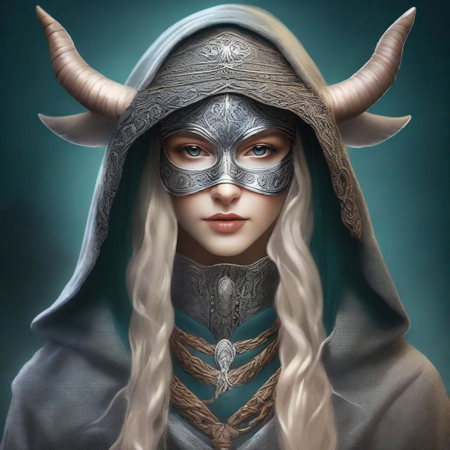 A high-quality digital art image portrays the Norse goddess of mischief, adorned with a hood and mask