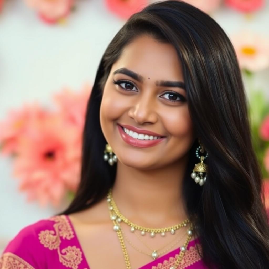 A close-up portrait of Aditi Vats, a young Indian woman, with a radiant smile