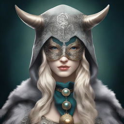 A high-quality digital art image portrays the Norse goddess of mischief, adorned with a hood and mask