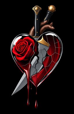 A stylized heart made of cracked glass dripping blood, symbolizing fragility and pain