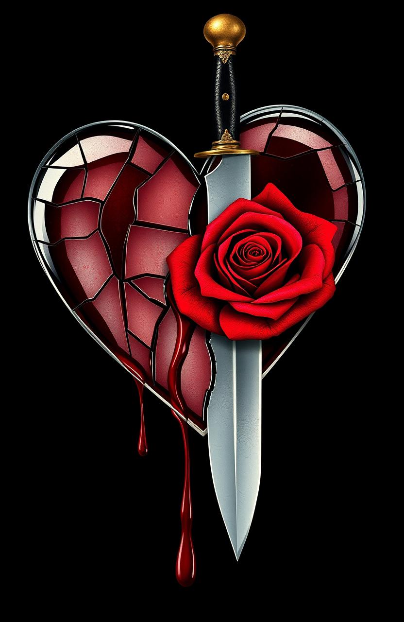 A stylized heart made of cracked glass dripping blood, symbolizing fragility and pain
