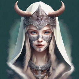 A high-quality digital art image portrays the Norse goddess of mischief, adorned with a hood and mask