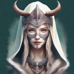 A high-quality digital art image portrays the Norse goddess of mischief, adorned with a hood and mask