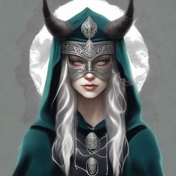 A high-quality digital art image depicting the Norse goddess of mischief, adorned with a dark hood and mask