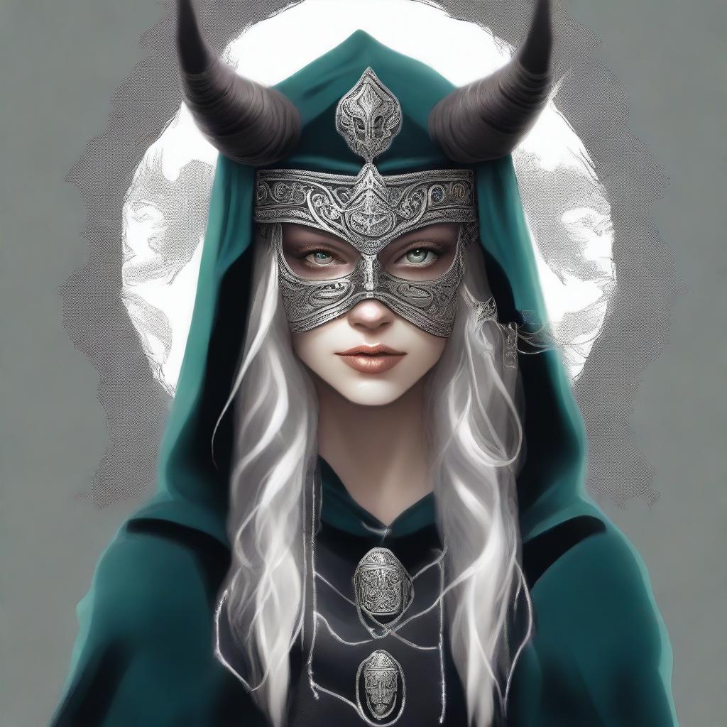A high-quality digital art image depicting the Norse goddess of mischief, adorned with a dark hood and mask