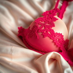 A close-up image of a stylish, elegant bra displayed on a soft, luxurious fabric background