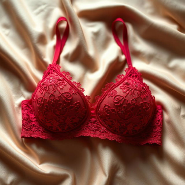 A close-up image of a stylish, elegant bra displayed on a soft, luxurious fabric background