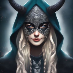 A high-quality digital art image depicting the Norse goddess of mischief, adorned with a dark hood and mask