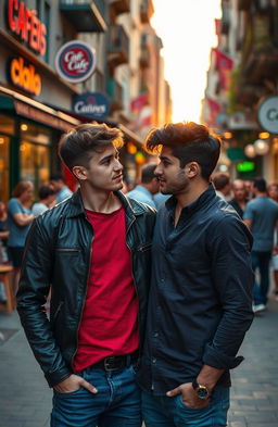 A candid moment depicting two handsome young men who are secretly glancing at each other with a mix of curiosity and intrigue