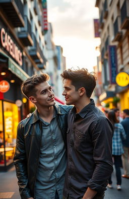 A candid moment depicting two handsome young men who are secretly glancing at each other with a mix of curiosity and intrigue