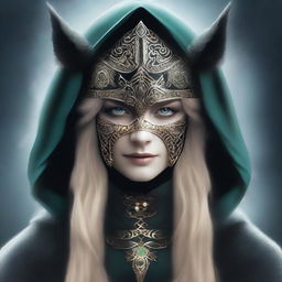 A high-quality digital art image depicting the Norse goddess of mischief, adorned with a dark hood and mask