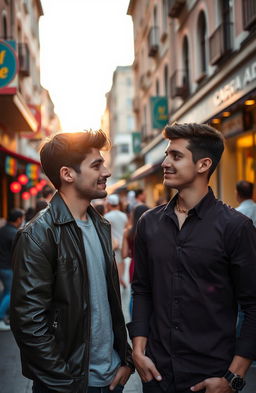 A candid moment depicting two handsome young men who are secretly glancing at each other with a mix of curiosity and intrigue