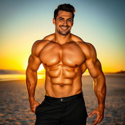 A muscular man with a well-defined physique, showcasing his toned abs and broad shoulders