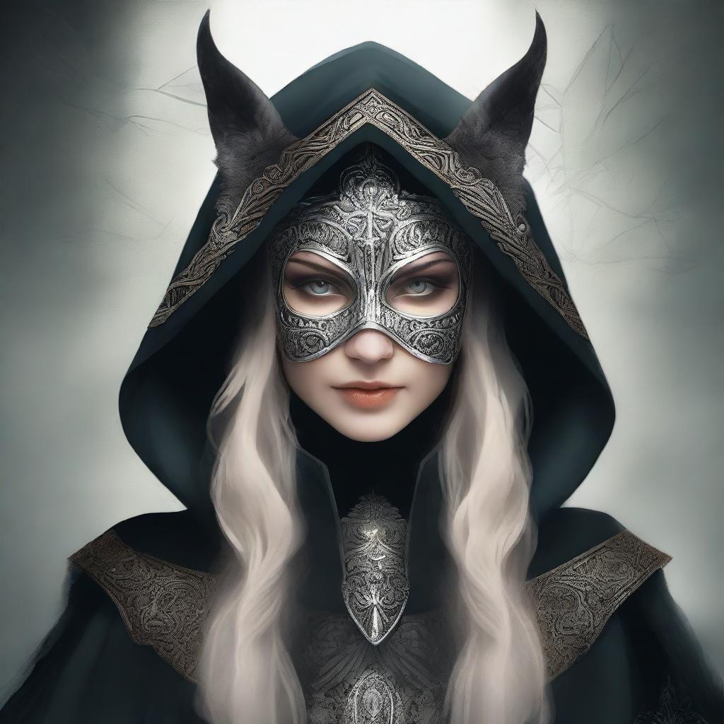 A high-quality digital art image depicting the Norse goddess of mischief, adorned with a dark hood and mask