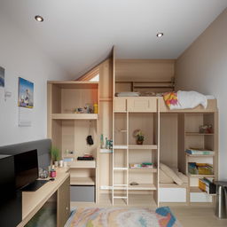 Compact 3x4 room with a cozy bunk bed, under which is a versatile study and work area. The space also includes a television, comfortable sofa, extra wardrobes, and a variety of books