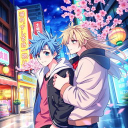 A vibrant and colorful anime-style illustration depicting two handsome male characters secretly glancing at each other with shy smiles