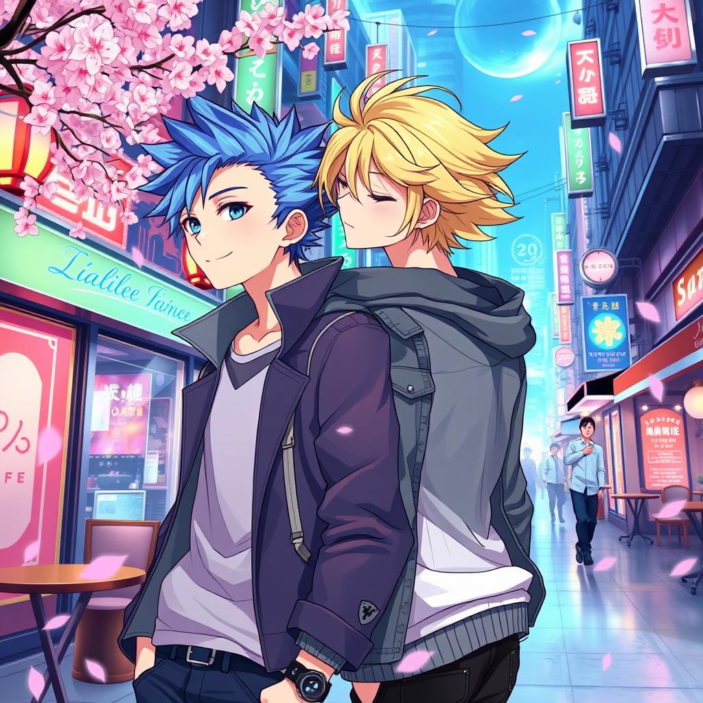 A vibrant and colorful anime-style illustration depicting two handsome male characters secretly glancing at each other with shy smiles