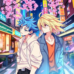 A vibrant and colorful anime-style illustration depicting two handsome male characters secretly glancing at each other with shy smiles